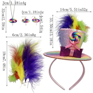 Dimensions of rainbow candy themed necklace earrings feathers and hat headband set