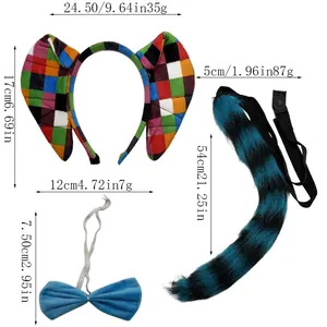 Plush colorful elephant ear headband and blue striped tail cosplay set with dimensions