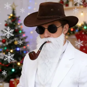 Close-up detail of vintage brown cowboy hat and white fake beard for Christmas party decor