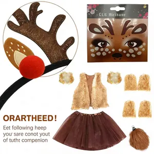 Vista dettagliata del set costume da renna con fascia, gilet di pelliccia e gonna marrone