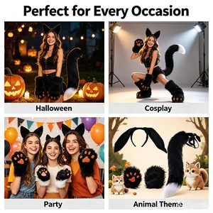 Plush faux fur fox tail and ears cosplay costume set with paw gloves for Halloween