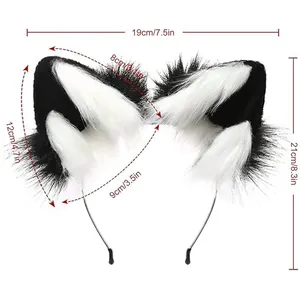 Detail view of plush cat ears headband with precise dimensions in cm and inches.