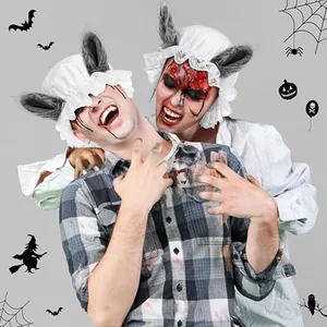 Detail view of Wolf Grandmother costume with white lace cap and wolf ears for Halloween