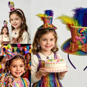 Detail showing a rainbow glitter mini top hat headband with lollipop and feathers