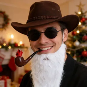 Detail view of white fake beard and brown vintage cowboy hat for Christmas party dress-up costume