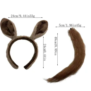 Detailed view of the brown plush donkey ear headband and tail costume set with measurements