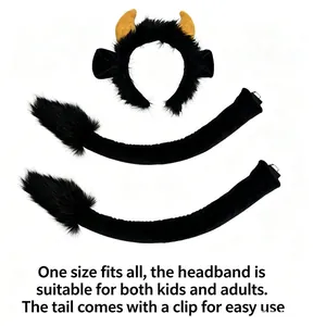 Halloween cow costume set with furry horn headband and two clip-on tails for cosplay events.
