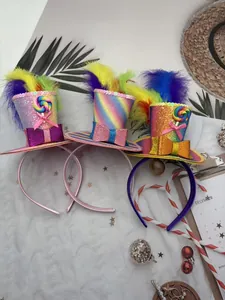 Rainbow glitter mini top hat headbands with feathers and lollipops decoration