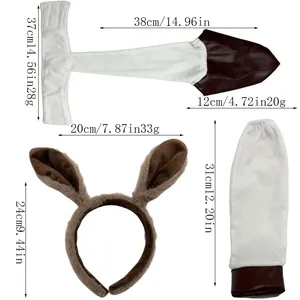 Detailed measurement diagram of plush donkey ear headband and animal costume accessory set