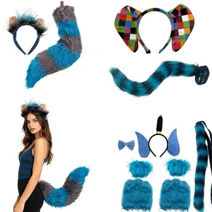 Handmade Faux Fur Animal Ears And Long Tail Set For Cosplay Halloween Party Foxy Wolf Cat Plush Costume Accessories Striped Blue Headband Props
