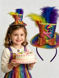 Detail view of rainbow glitter mini top hat headband with feathers and lollipop charm