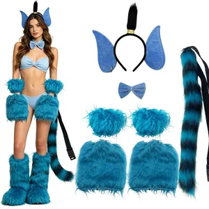 Premium blue furry animal ear and tail cosplay accessory set for fox or wolf costume
