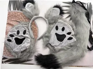 Cerchietto con orecchie da animale, guanti zampa e coda in finta pelliccia grigia per cosplay