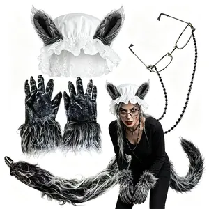 Wolf Granny costume set with hairy ears hat, gloves, tail, and glasses for cosplay