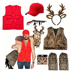 Christmas Halloween Reindeer Costume Set Women Adult Faux Fur Antler Headband Spotted Mesh Skirt Festival Party Dress Up Accessory Kit