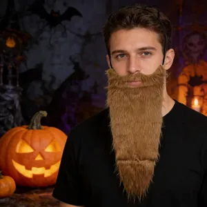 Close-up of a long brown fake beard for vintage cowboy or knight Halloween party costume