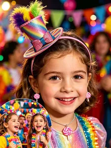 Detail of rainbow hat headband and lollipop jewelry set for girls party costume