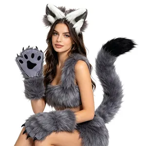 Grey faux fur animal cosplay costume set including ears headband tail and paw gloves