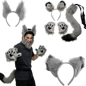 Cerchietto con Orecchie da Lupo e Coda Guanti in Pelliccia Sintetica per Cosplay Halloween Festa Accessori per Spettacoli Adulti
