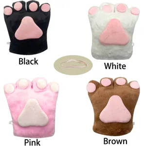 Detailed view of plush cat paw gloves available in black, white, pink, and brown colors