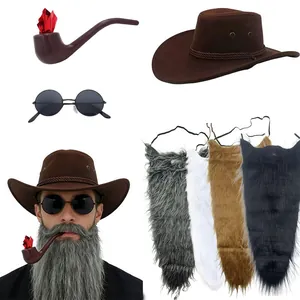 Western Cowboy Hat Fake Beard Sunglasses Pipe Set Retro Knight Cosplay Props Halloween Christmas Party Costume Accessories