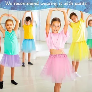 Group of kids in colorful tutu skirts practicing dance in a studio setting