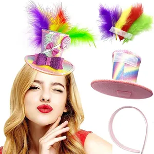 Rainbow mini top hat headband with feathers and candy lollipop decoration for party