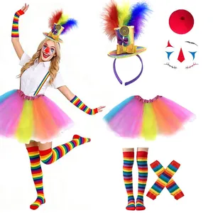 Complete rainbow clown costume set with tutu skirt, striped socks, and mini top hat headband