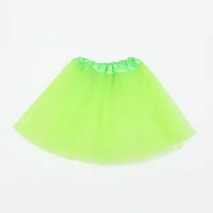 Front detail view of a vibrant neon green multi-layer mesh tutu skirt for performances.