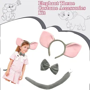 Vue détaillée du kit de costume d'éléphant avec serre-tête oreilles, nœud papillon et queue.