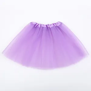 Close-up view of a vibrant purple layered tulle tutu skirt with an elastic satin waistband