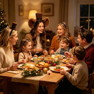 Cute plush animal ear headbands worn by a happy family at a festive dinner party
