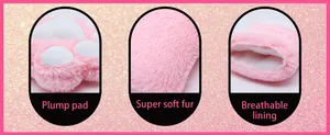 Detailed macro view of soft pink plush fur and plump pads on cosplay cat paw gloves.