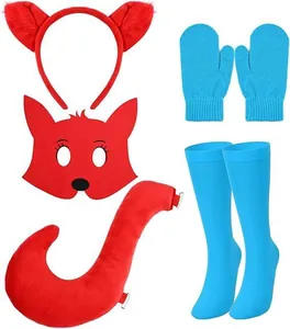 Ensemble détaillé de costume de renard avec oreilles, masque, queue et accessoires bleus