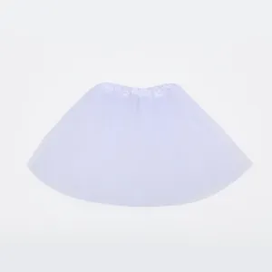 Close-up view of white layered mesh tutu skirt for adult dance performance and Halloween