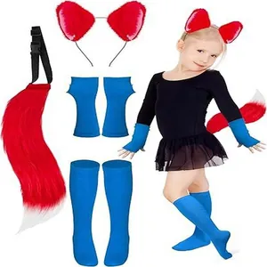 Serre-tête oreilles de renard rouge et queue avec gants et chaussettes bleues pour enfant
