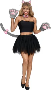 Detail view of the full cat girl accessory set featuring plush paws and black tutu.