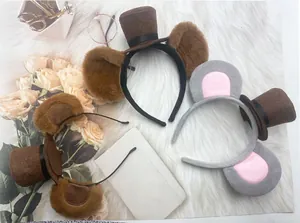 Plush animal ear headbands featuring mini top hats in brown and grey colors for girls