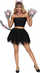 Detail showing plush cat paw gloves, ears headband, and tail for cosplay outfit
