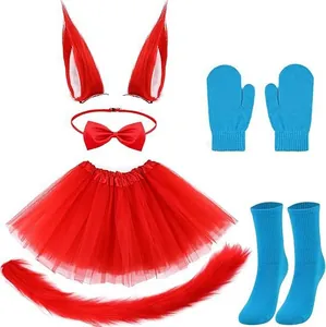 Ensemble cosplay chat renard rouge et bleu avec oreilles queue tutu et chaussettes