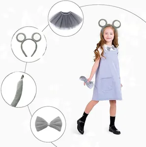 Detailed view of five-piece grey mouse animal costume set for kids Halloween party cosplay