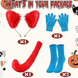 Set cosplay renard Halloween avec oreilles rouges, queue, gants bleus et chaussettes pack