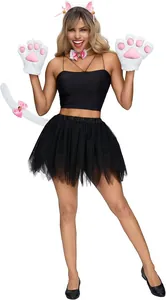 Detail view of cute plush white cat girl cosplay set with paw gloves, ears and tail