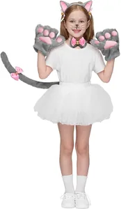 Full set of grey plush cat cosplay accessories including ears, paws, and tail