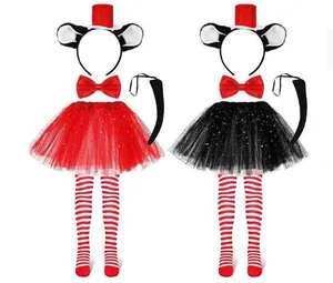 Detailed view of red and black Halloween tutu costume sets with mouse ears and striped socks