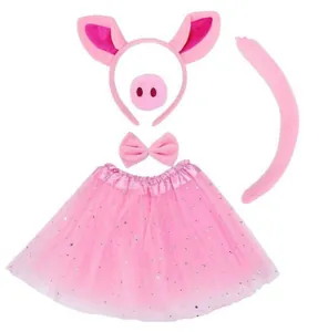 Detailed view of the 5-piece pink pig costume set including a sequined tutu skirt