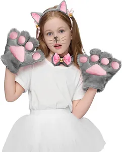 Close-up of cute grey furry cat paw gloves and matching ear headband for kids cosplay