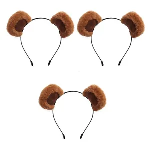 View of three cute brown plush bear ear headbands arranged on a clean white background.