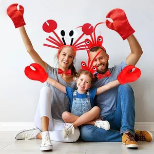 Family wearing red crab claw gloves and lobster headbands for Halloween costumes
