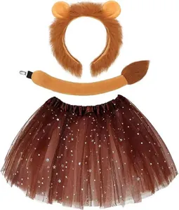 Lion costume set with furry ears headband, tail, and brown star tutu for Halloween.
